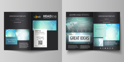 The black colored vector of the editable layout of two A4 format modern covers design templates for brochure, flyer, booklet. Chemistry pattern, molecule structure, geometric design background.