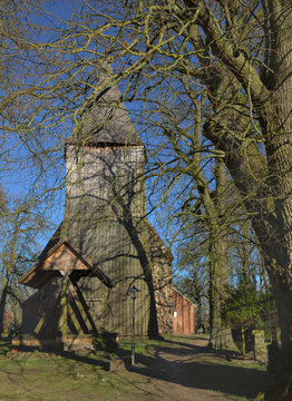 Church with wooden tower and bell frame in Dersekow, Mecklenburg-Vorpommern, Germany