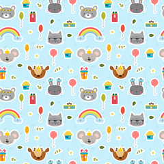 Cute seamless pattern with cartoon animals. Happy Birthday theme. Sweet background for children