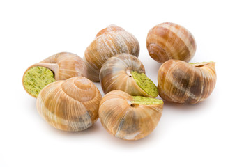 Cooked snails delicacy. French cuisine stuffed snails.