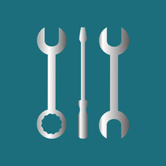 Tools, instruments, wrenches, screwdriver. Flat icon, sign. Blue background.