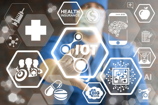 Internet Of Things (IoT) Health Care Concept. Doctor Pressing Icon IOT Nano Atom On Virtual Screen. Smart Hospital, Intelligent Clinic. Digital IT Medicine. Medical Information Technology.