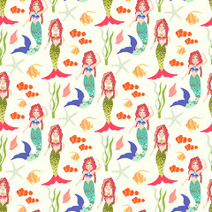 Seamless pattern with mermaid. Vector background nice underwater with fish, plant, sea shell, coral leaf, starfish, anemone and banner fish. 
