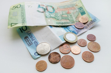 Many money (coins and paper) of Belarus close up