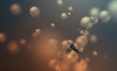 Abstract 3d rendering of chaotic spheres. Flying particles in empty space. Dynamic shape. Futuristic background with bokeh, depth of field effect. Design for poster, banner, placard.
