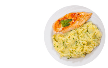 Roasted chicken breast and mashed potatoes. top view. isolated on white