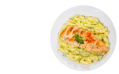 Roasted chicken breast and mashed potatoes. top view. isolated on white