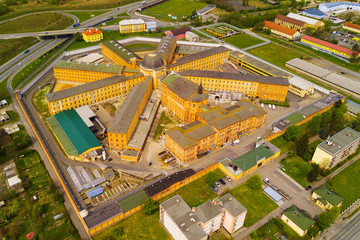 Aerial view of prison Bory. Famous prison Bory in Pilsen, Czech republic, European union. Capacity is 1160 prisoners. Prison Bory was founded in 1878.