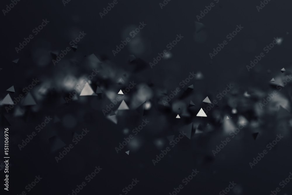 Poster abstract 3d rendering of chaotic low poly shapes. flying polygonal pyramids in empty space. futurist