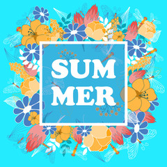 Summer poster with floral and fauna elements