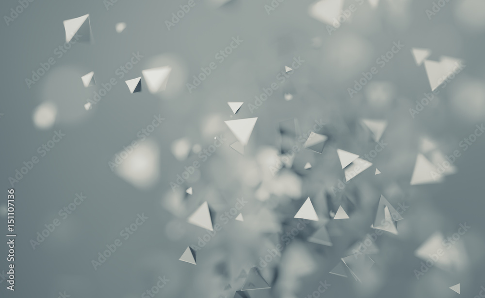 Poster abstract 3d rendering of chaotic low poly shapes. flying polygonal pyramids in empty space. futurist