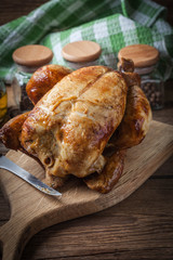Whole roasted chicken.