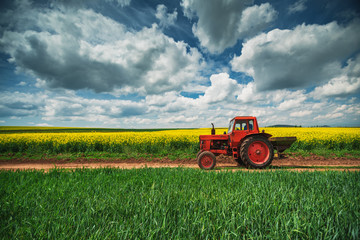 Naklejka premium Red tractor in a field