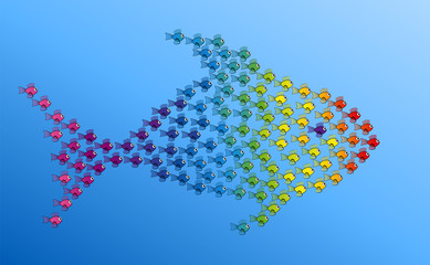 Many little fishes forming a big fish to be strong together - symbol for teamwork, solidarity, cooperation and cohesion - vector illustration on blue gradient background.