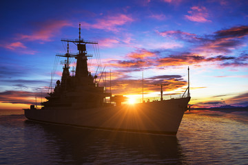 American Modern Warship On The Background Of Sunset
