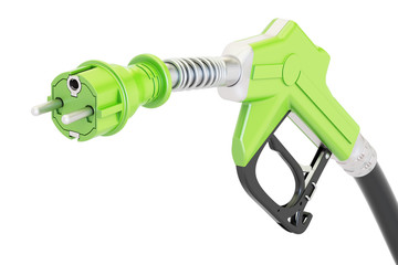 Electric car charging  concept. Gas pump nozzle with electrical plug, 3D rendering