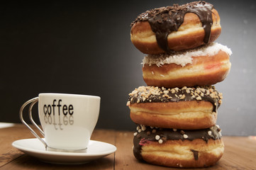 coffee and a stack of donuts