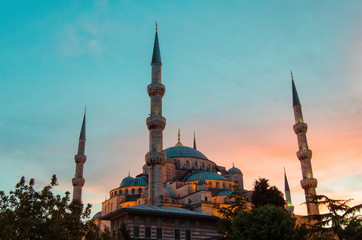 Blue mosque in Istanbul, Turkey. Architectural monument. Center of Islam. Cami. Mescit. Sunset on the background