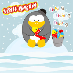 cute little penguin do fishing in snowy day kids t shirt design