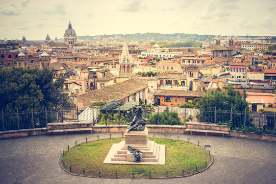 A panoramic view of the ancient city of Rome from Villa Borghese Garden. Rome, Italy
