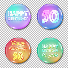 50th anniversary icons set. Happy birthday labels for greeting card or decoration. Jubilee 50 years old celebration. Glossy circle stickers with text - 151134909