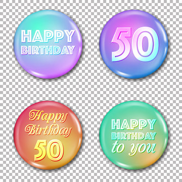 50th anniversary icons set. Happy birthday labels for greeting card or decoration. Jubilee 50 years old celebration. Glossy circle stickers with text