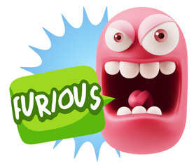 3d Illustration Angry Face Emoticon saying Furious with Colorful Speech Bubble.