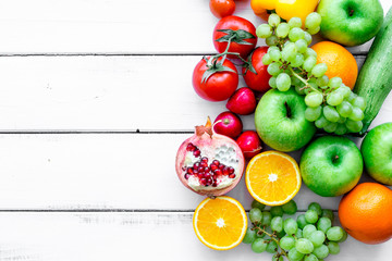 summer food with fresh fruits and vegetables top view space for text