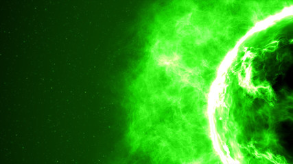 Futuristic abstract green sun in space with flares. Great futuristic background 3d illustration