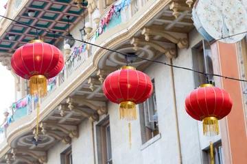 Tuinposter Red (fire) Chinese Lanterns. Chinatown, San Francisco, California, USA. © Yuval Helfman