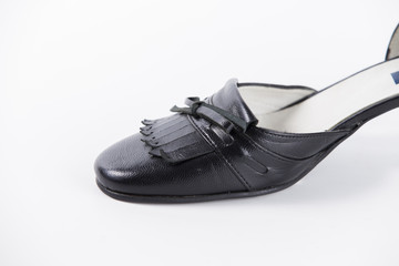 Female Black Shoe on White Background, Isolated Product, Top View, Studio