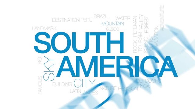 South America animated word cloud, text design animation. Kinetic typography.