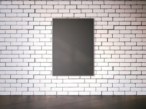 Blank picture frame on the white brickwall. 3d rendering