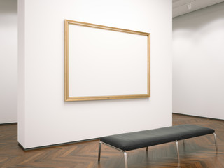 Gallery interior with blank picture frame. 3d rendering