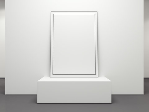 Blank picture frame on the white podium. 3d rendering