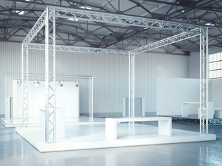 Empty stage with metal framework in modern exhibition interior. 3d rendering