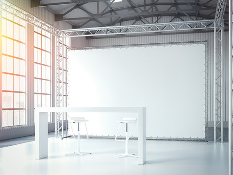 Empty stage with two chairs, table and blank billboard. 3d rendering