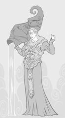 Aquarius zodiac sign black and white illustration depicting an elf creature with a magic jar pouring water 