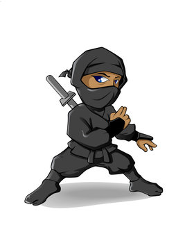 Ninja cartoon character ready to fight without weapon. Vector illustration with simple gradients.