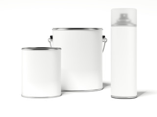 Two paint cans and spray with blank label. 3d rendering
