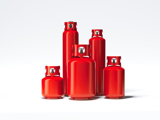 Red different types of gas bottles. 3d rendering