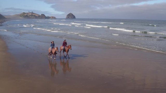 Aerial view of women riding horses at beach