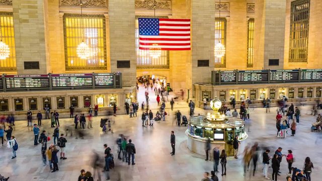 Grand Central Terminal, New York City, New York, American Flag 4K Timelapse Video