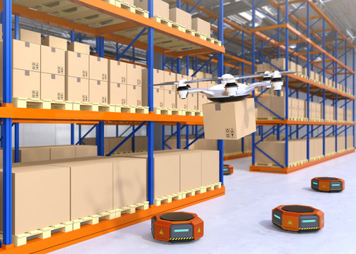 Drone and orange robots in modern warehouse. Advanced warehouse robotics technology concept. 3D rendering image.