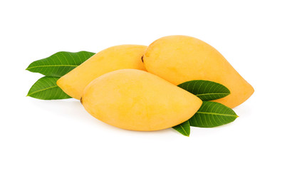 ripe mango with green leaf isolated on white background, Barracuda mango,  sweet mango Thai fruits.