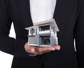 house in business human hand isolated on white