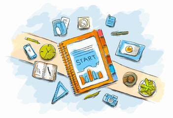 Drawn image of work table with objects