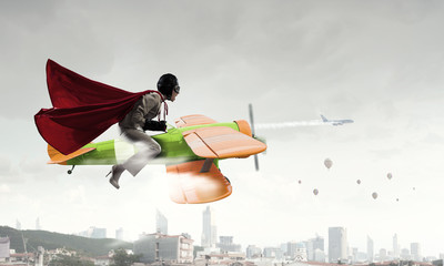Woman on retro plane . Mixed media