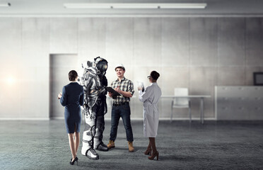 Fototapeta premium Scientists designing space suit. Mixed media