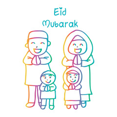 Cute cartoon muslim family with eid mubarak lettering.